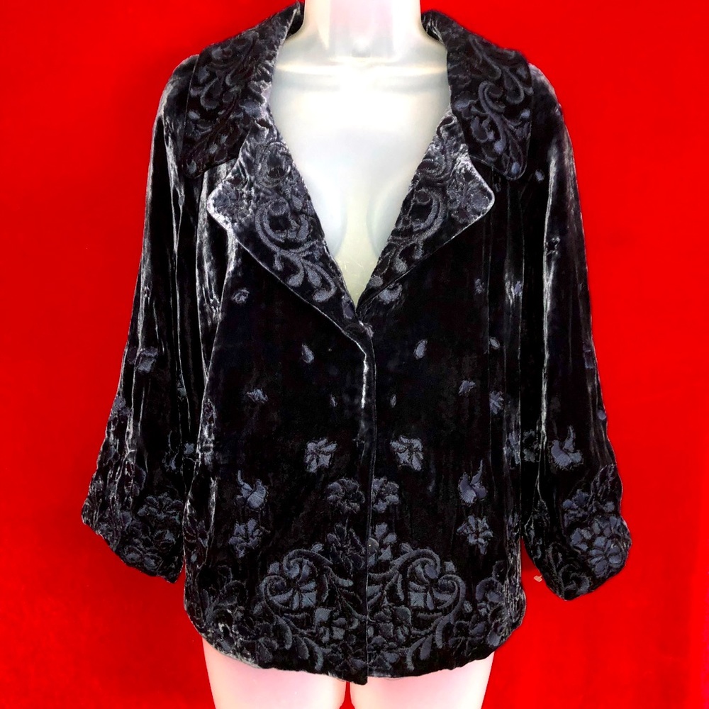 Elie Tahari Blue Embroidered Silk Velvet Jacket L XL